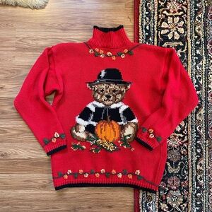 Vintage 1990s Novelty Sweater Thanksgiving Pilgrim Bear; Hand Knit